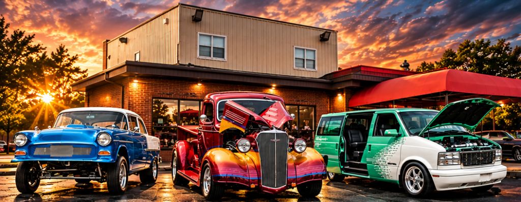 Promotional artwork of a blue classic car, red hot rod and mint-green van outside a shop at sunset.