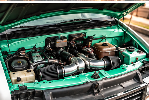Promotional artwork of a mint-green engine bay with polished intake pipes and two cone filters.