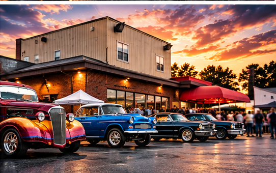 Promotional artwork of classic cars and visitors outside an automotive shop beneath an orange sunset.