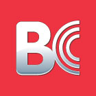 Silver BC logo on a red square background.