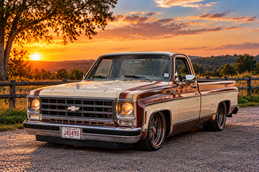 Promotional artwork of a lowered brown and cream Chevrolet pickup on a gravel road at sunset.