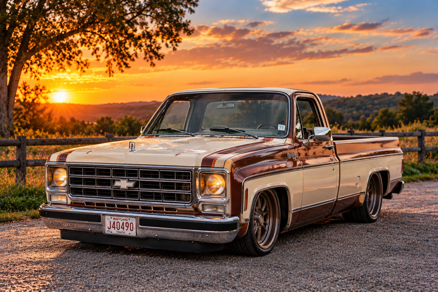 Promotional artwork of a lowered brown and cream Chevrolet pickup on a gravel road at sunset.