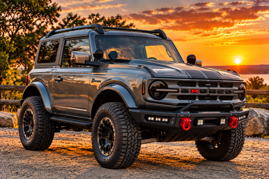 Promotional artwork of a gray Ford Bronco with off-road tires and red recovery shackles at sunset.