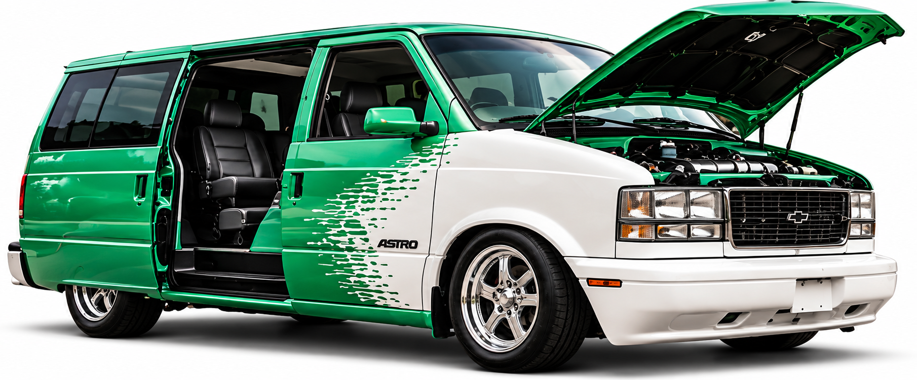 Cutout artwork of a green and white Chevrolet Astro van with its side door and hood open.