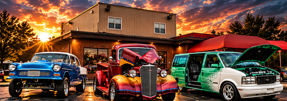 Blue classic car, flame-painted hot rod and green-and-white van outside a shop at sunset.