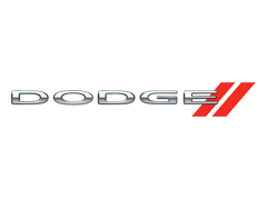 Dodge logo with silver lettering and two red slashes.
