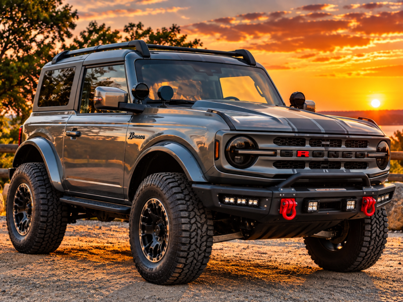 Promotional artwork of a gray Ford Bronco with off-road tires and red recovery shackles at sunset.